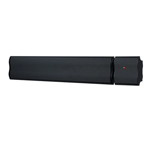 Sleek black outdoor electric heater with a modern design, ideal for garden rooms and patios