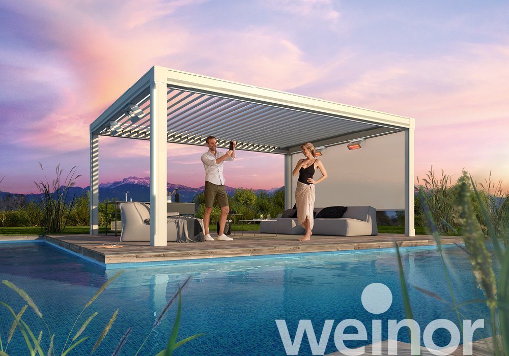 Modern pergola with outdoor seating by a pool at sunset, elegant garden living space
