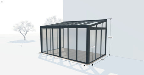 Modern glass garden room with black frame, dimensions shown, ideal for outdoor living spaces