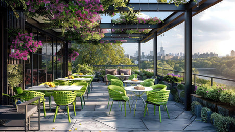 Modern outdoor patio with green chairs, floral pergola, and city view for garden living