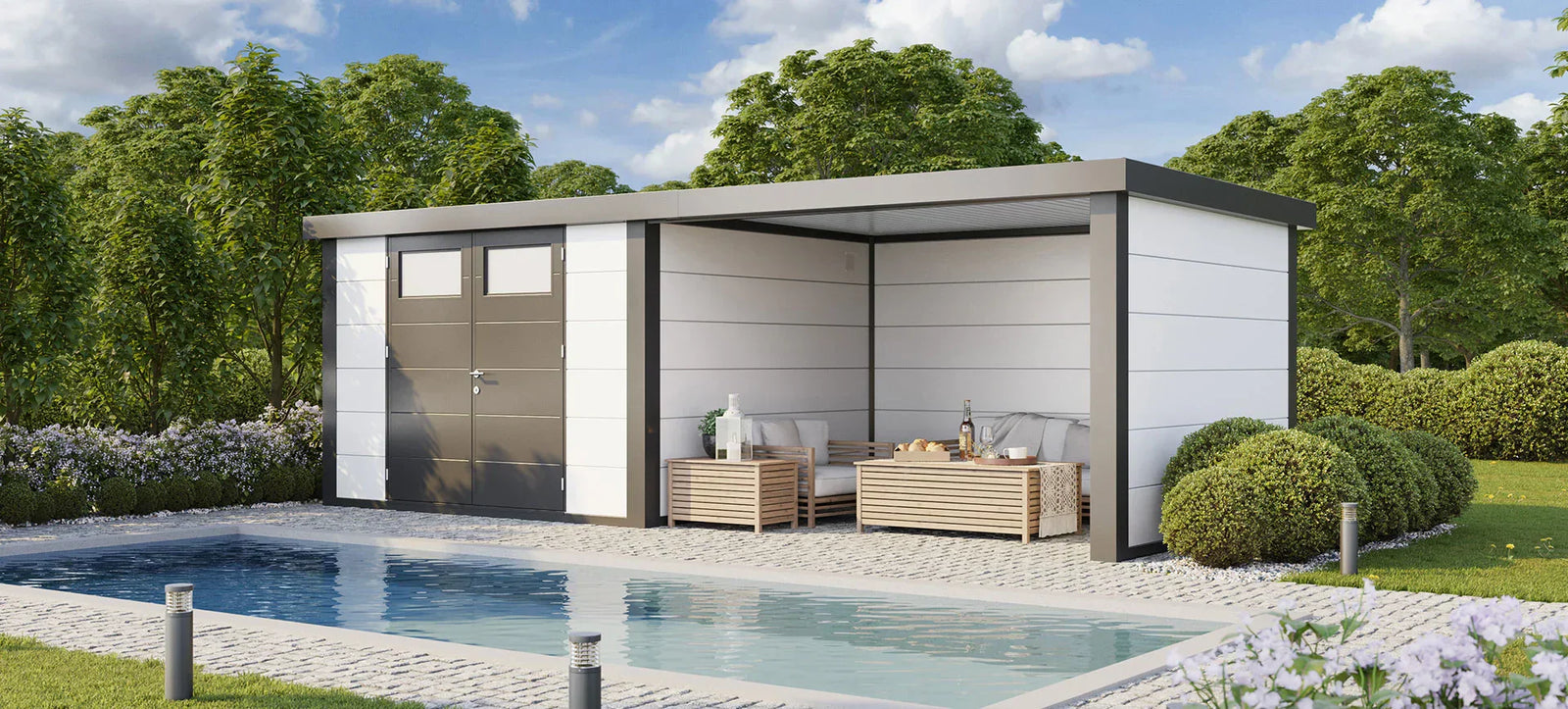 Modern garden room with poolside seating, sleek design, and lush greenery for outdoor relaxation.