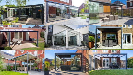 Modern garden verandas, pergolas & glass rooms for outdoor living spaces with stylish patio furniture