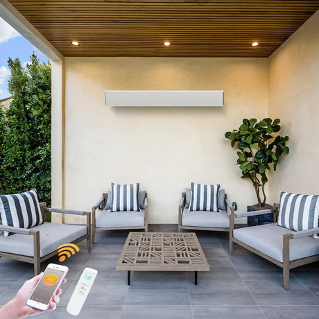 Modern veranda roof with integrated LED lighting, featuring sleek metal and polycarbonate panels