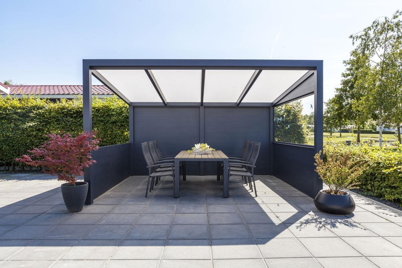 Modern outdoor pergola with dining set, shaded patio area, and garden landscaping