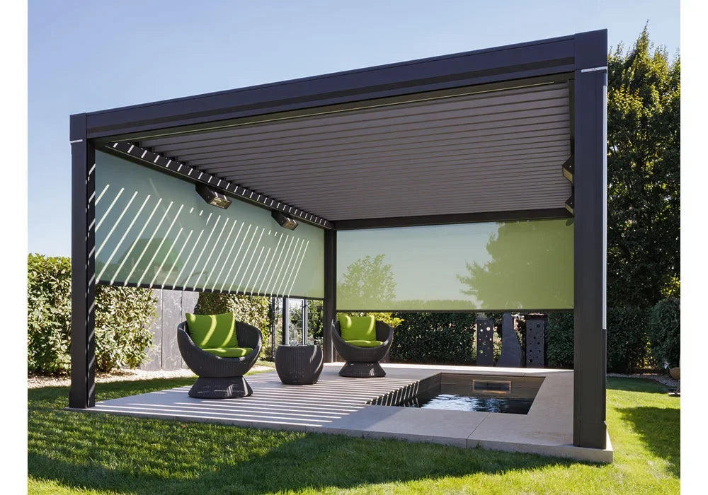 Modern outdoor pergola with retractable roof and green lounge chairs in garden setting