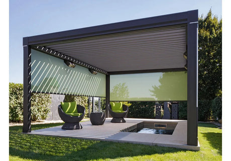 Modern outdoor pergola with retractable roof and green lounge chairs in garden setting