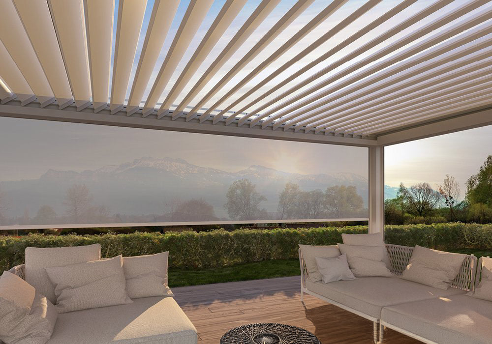 Modern outdoor pergola with adjustable louvers, cozy seating, and mountain view for elegant garden living