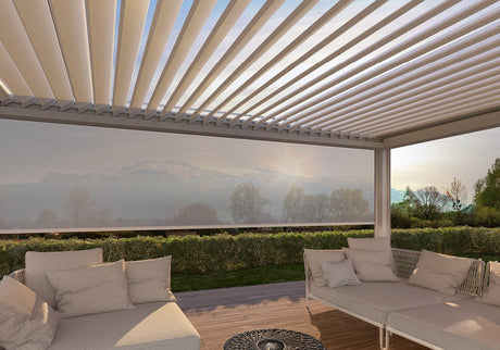 Modern outdoor pergola with adjustable louvers, cozy seating, and mountain view for elegant garden living
