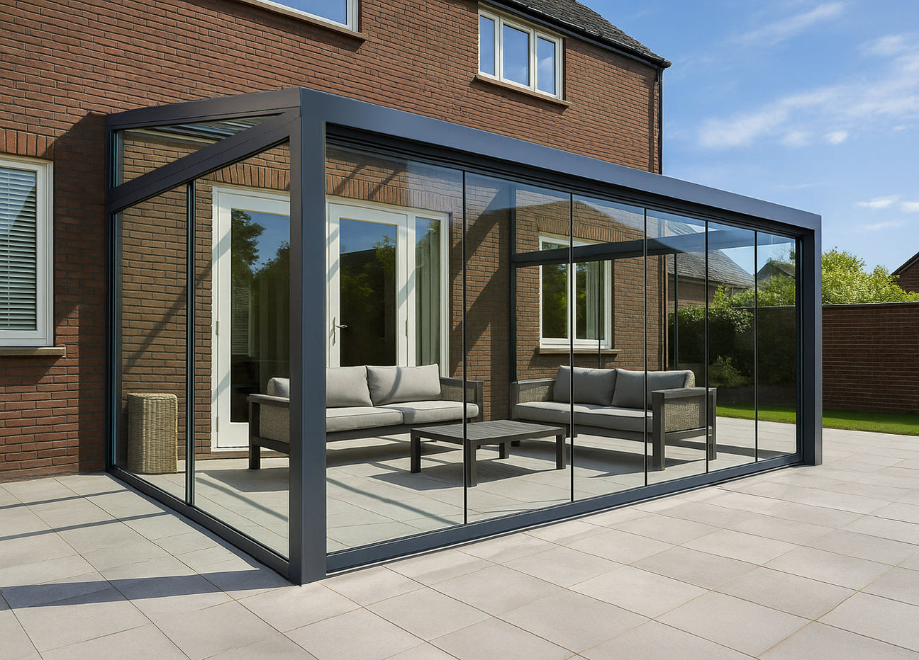Modern glass garden room with black frame, outdoor sofa set, attached to brick home on sunny patio