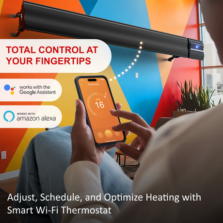 Person adjusting wall-mounted heater with smartphone smart Wi-Fi thermostat in modern room