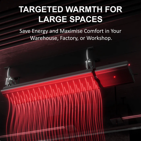 Ceiling-mounted electric heater emitting red radiant heat for large indoor spaces like warehouses