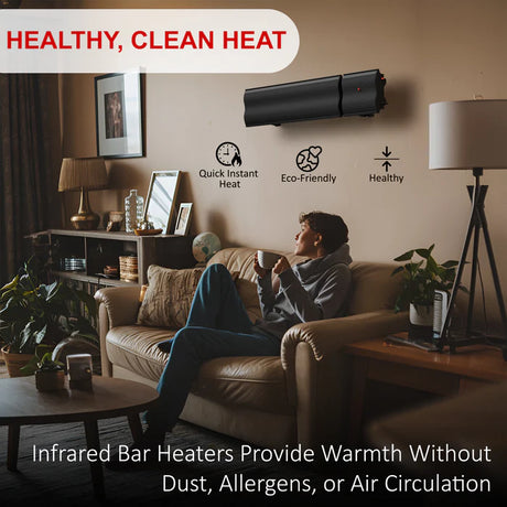 Person relaxing on sofa under wall-mounted infrared bar heater in cozy living room, promoting eco-friendly, instant heat.