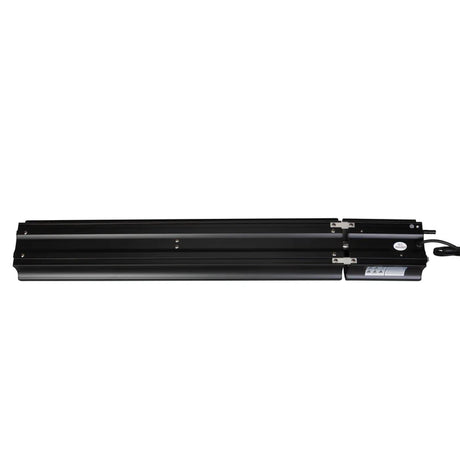 Black linear bar heater for outdoor patios, garden rooms, or verandas, rear view