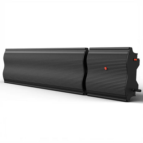 Black electric patio heater with modern ribbed design for outdoor garden spaces