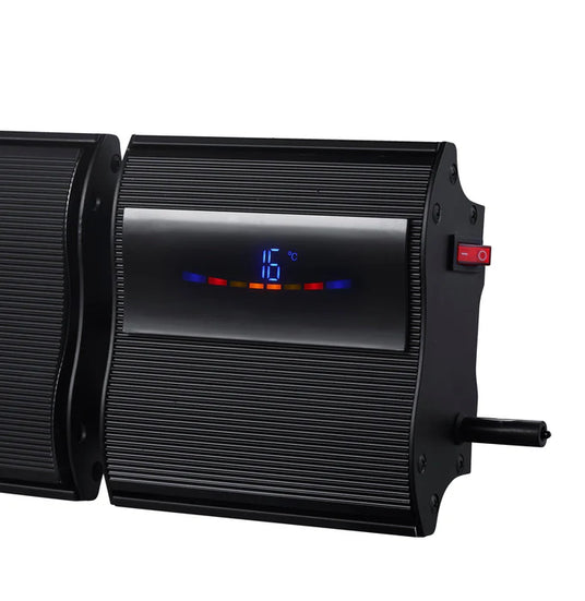 Black outdoor heater with digital temperature display set at 16°C and power switch