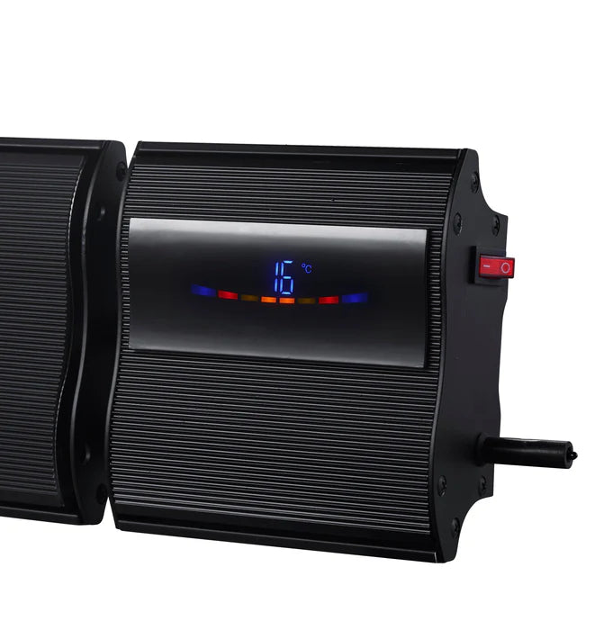 Black outdoor heater with digital temperature display set at 16°C and power switch