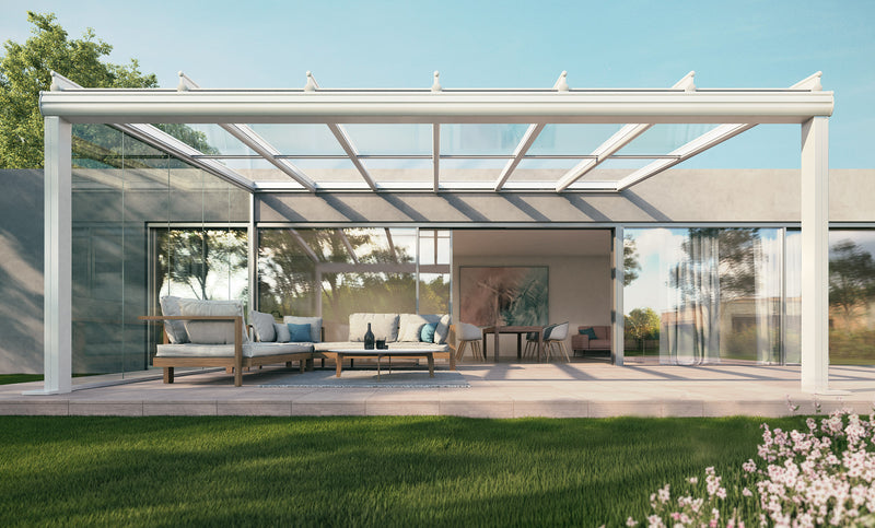 Modern garden veranda with glass roof, outdoor seating, and stylish patio furniture