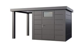 Modern dark grey garden room with flat roof and attached open veranda