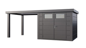 Modern dark grey garden room with flat roof and attached veranda, double doors and windows