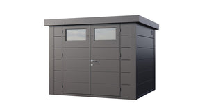 Modern dark grey garden room with double doors and rectangular windows, sleek outdoor structure