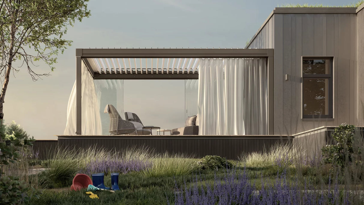 Modern pergola with glass panels and outdoor lounge chairs on a stylish garden terrace