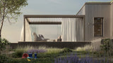 Modern pergola with glass panels and outdoor lounge chairs on a stylish garden terrace