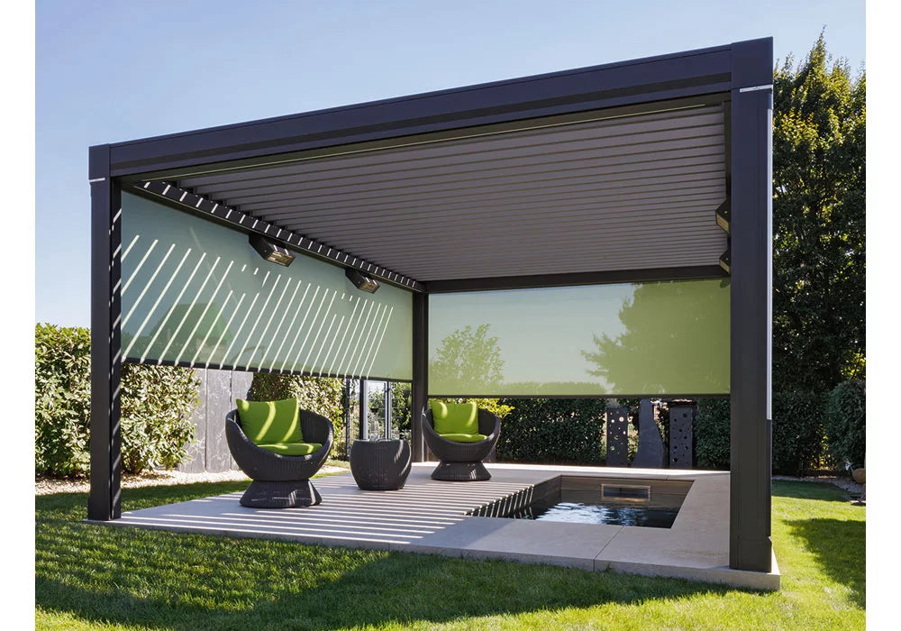 Modern garden pergola with louvered roof, outdoor seating, and small pool in landscaped yard