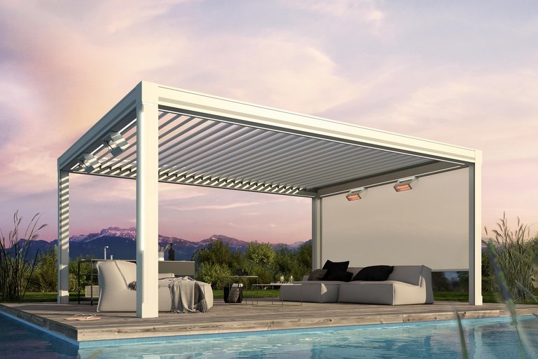 Modern aluminum pergola with adjustable louvered roof by a pool, outdoor seating underneath