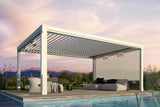 Modern aluminum pergola with adjustable louvered roof by a pool, outdoor seating underneath