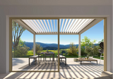 Modern pergola with louvered roof on a patio, outdoor dining set, scenic garden view