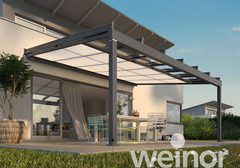 Modern garden veranda with glass roof, outdoor dining set, and minimalist patio design