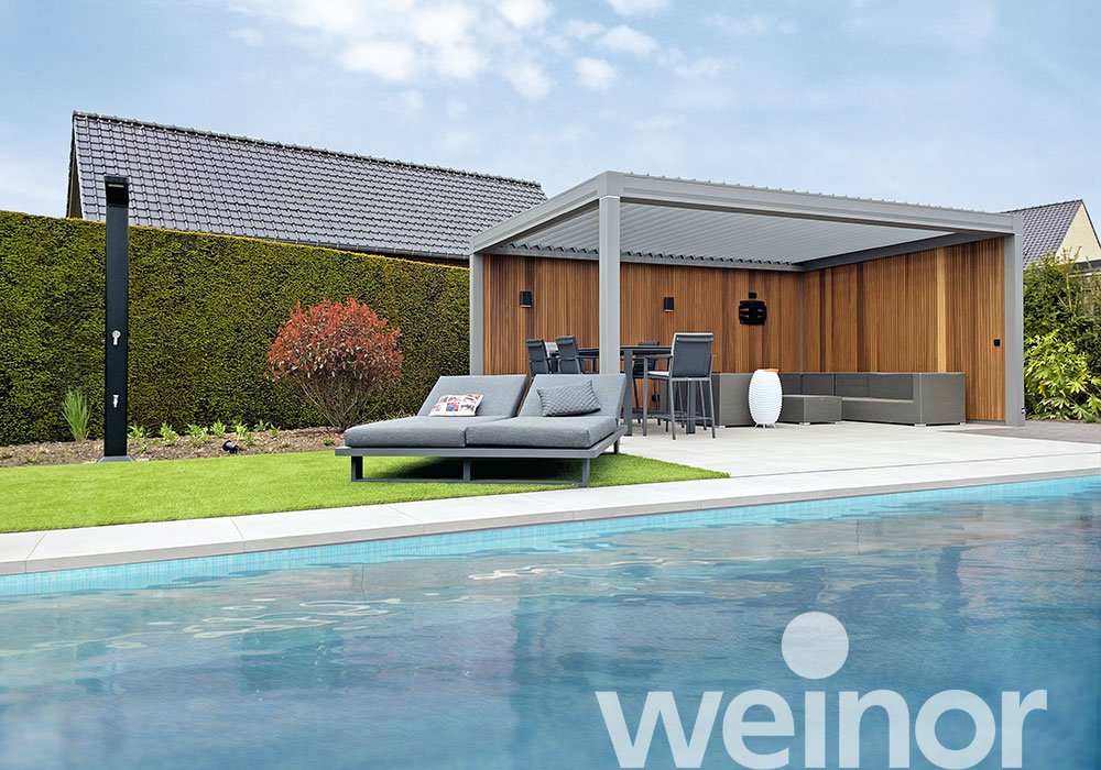 Modern pergola with wood paneling, outdoor lounge, and dining area by a swimming pool