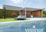 Modern pergola with wood paneling, outdoor lounge, and dining area by a swimming pool