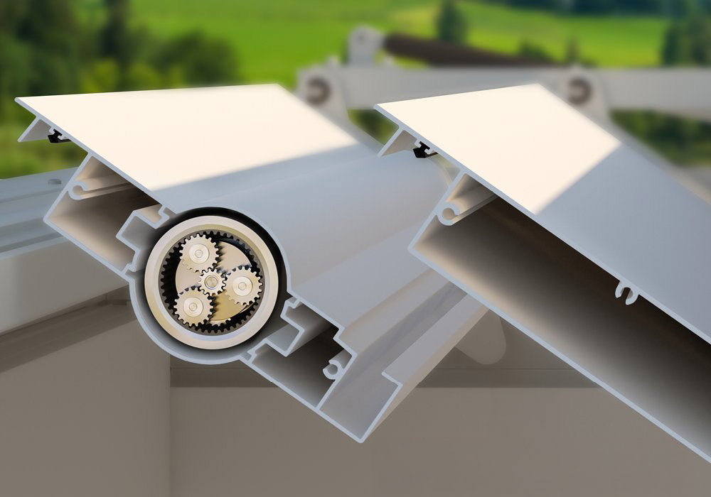 Close-up of aluminum pergola louver blade with visible gear mechanism outdoors