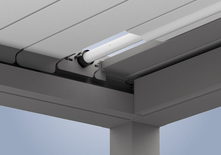 Modern pergola roof detail with retractable slats and aluminium frame for outdoor spaces