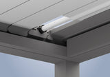 Modern pergola roof detail with retractable slats and aluminium frame for outdoor spaces